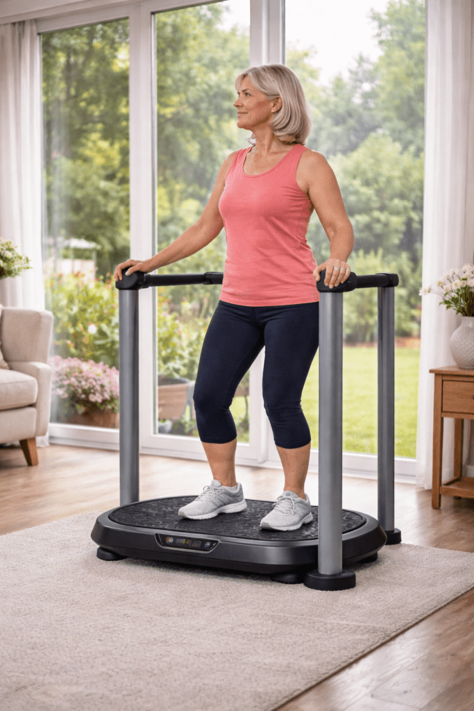Older Woman Standing on Vibration Platform with Arm Supports