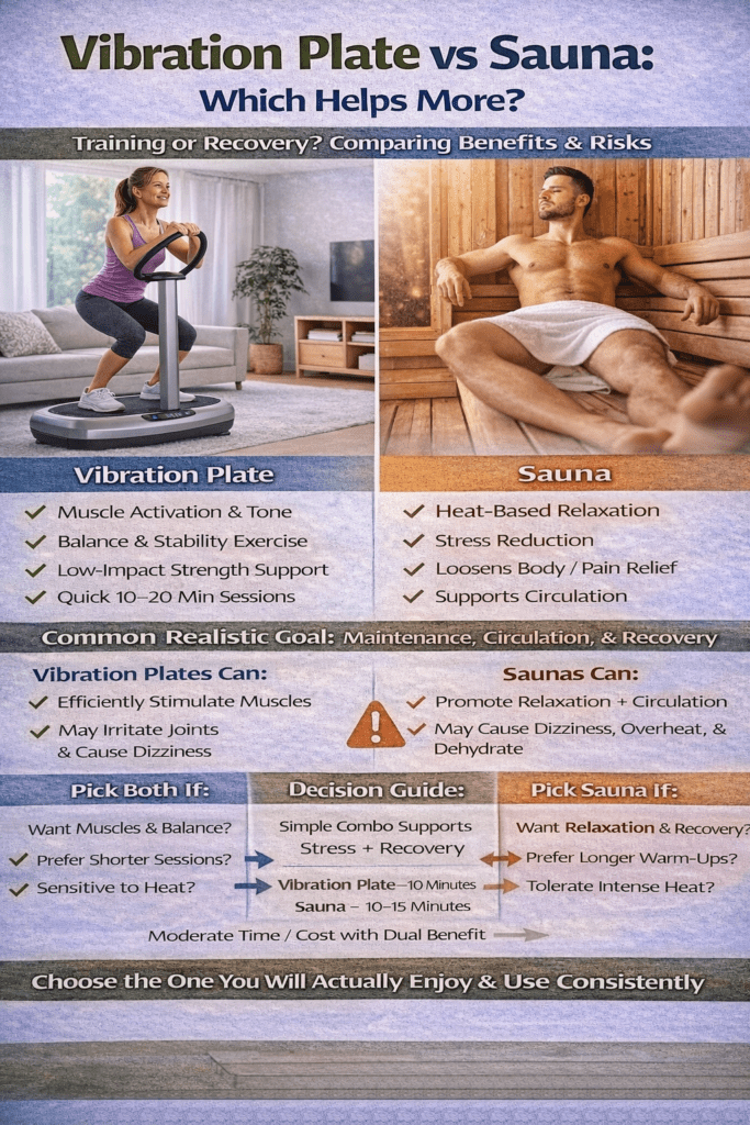 Infographic Explaining the Differences Between Vibration Plate and Sauna Health Benefits